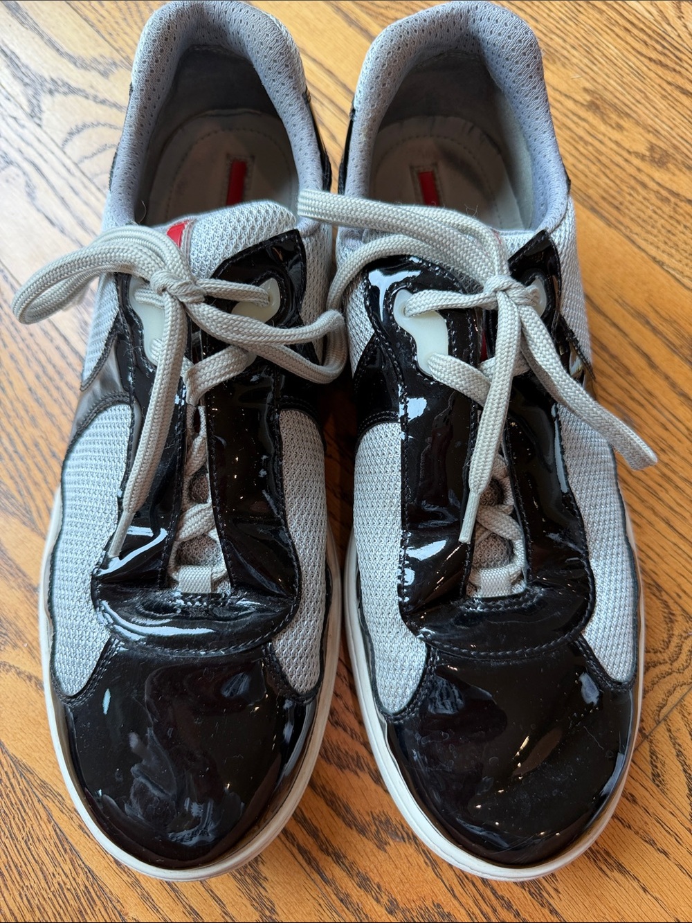 Prada Men's Low-Top Lace-Up Sneakers in Black Patent and Silver Fabric